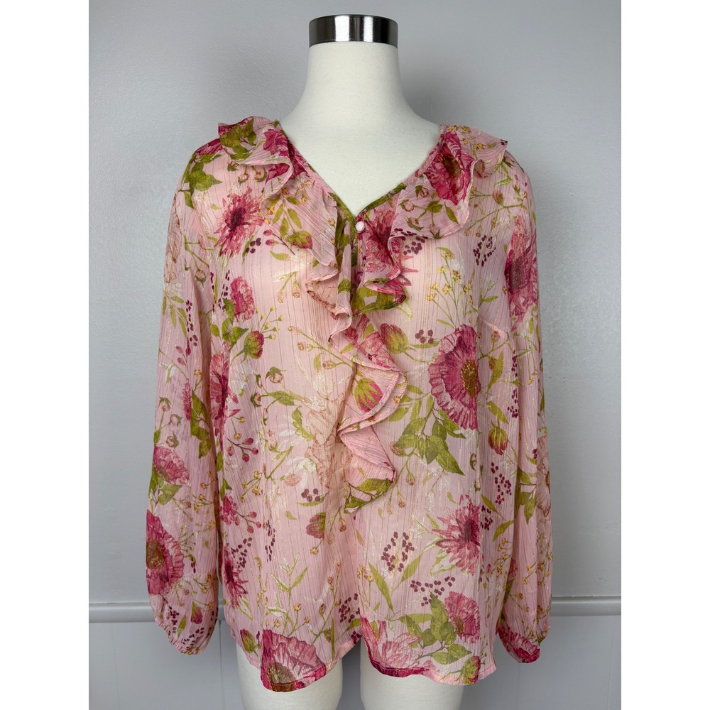 Lauren Conrad Coral Top Semi Sheer Garden Floral Size L Ruffled Neck Coquette